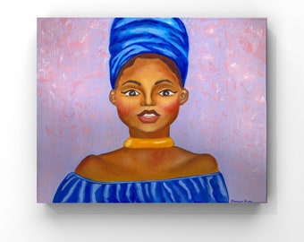 Melody Portrait Painting Blue Headwrap 16x20 inches Oil on Canvas, Black Woman Artwork,  Wall Art for Graduations, College gifts,