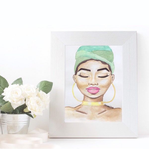 Green Headwrap Watercolor Portrait: Black Girl Art Print (11x14 inches)