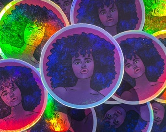 Celestial Holographic Afro Girl Stickers for Scrapbooks, Laptops, Bullet Journals, and Planners