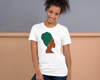 T-shirt met afro-hoofddoek: minimalistische zwarte vrouwillustratie