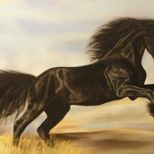 May include: A black horse with a long flowing mane and tail leaps through the air against a backdrop of a soft, colourful sky. The horse is in mid-air, its hooves extended, and its head turned to the side. The image is painted in a realistic style.