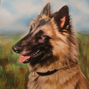 May include: A painting of a brown and black dog with a black collar. The dog is looking to the right and has its tongue sticking out. The background is a blurred image of a field.