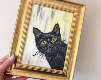 Black cat funny painting art with gold frame Small painting original Mini painting hand painted
