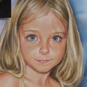 May include: A portrait painting of a young girl with long blonde hair. She is wearing a yellow and white floral dress. The painting is done in a realistic style with soft pastel colors.