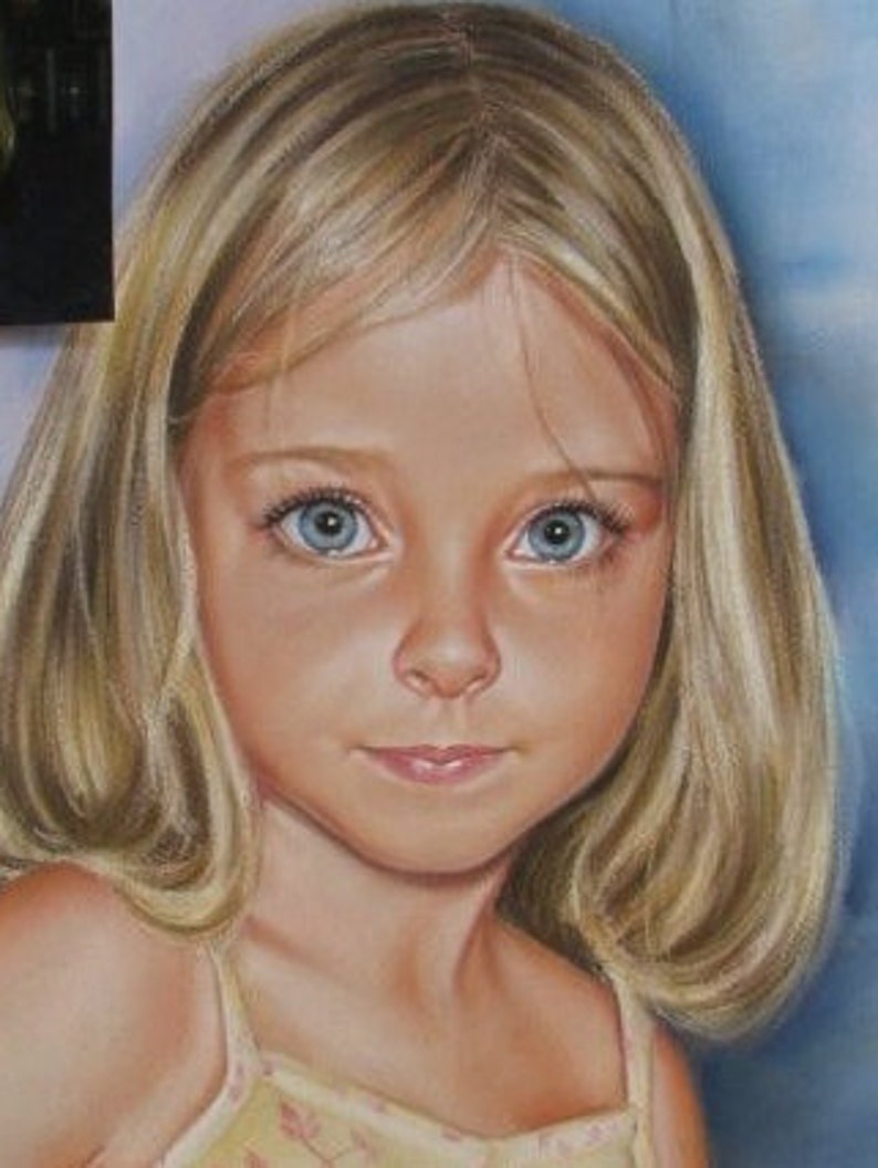 May include: A portrait painting of a young girl with long blonde hair. She is wearing a yellow and white floral dress. The painting is done in a realistic style with soft pastel colors.