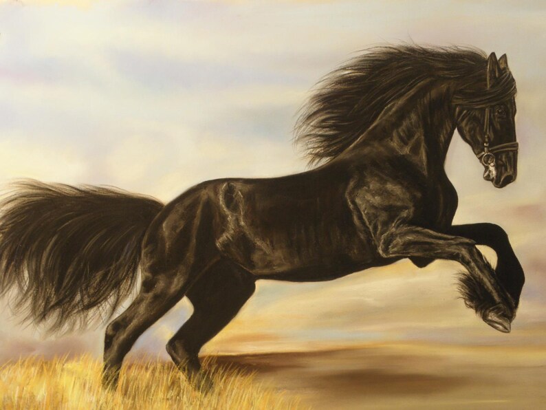 May include: A black horse with a long flowing mane and tail leaps through the air against a backdrop of a soft, colourful sky. The horse is in mid-air, its hooves extended, and its head turned to the side. The image is painted in a realistic style.