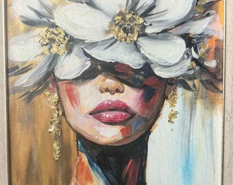 Original Hand Painted Floral Woman Portrait Acrylic on canvas ,Modern Art ,Large wall decor , Textured Contemorary Painting