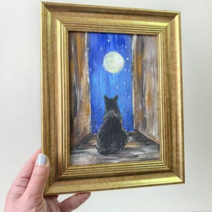 Gato preto na janela pintura com moldura dourada Pequena pintura original Mini pintura pintada à mão