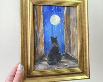 Black cat at the window painting with gold frame Small painting original Mini painting hand painted