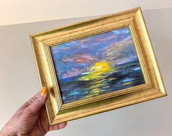 Original Art Mini Oil Painting with golden frame Original  Sea Painting Framed Textured Wall Art gold frame Wall Art Canvas Art Painting