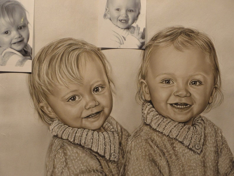 Kids Portrait Painting Couple Portrait Portrait from photo Family portrait Black & White Portrait of Children , Original Handmade Gift image 1