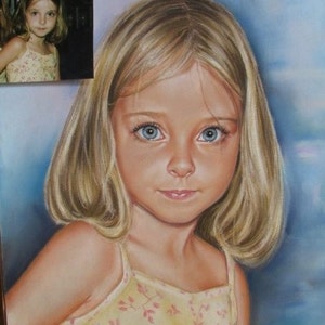 May include: A pastel portrait painting of a young girl with long blonde hair wearing a yellow floral tank top. The girl has blue eyes and is looking directly at the viewer.