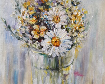 Original oil painting on stretched canvas Flowers colourful painting Bouquet Flowers wall art Flower White yellow rose  Housewarming gift