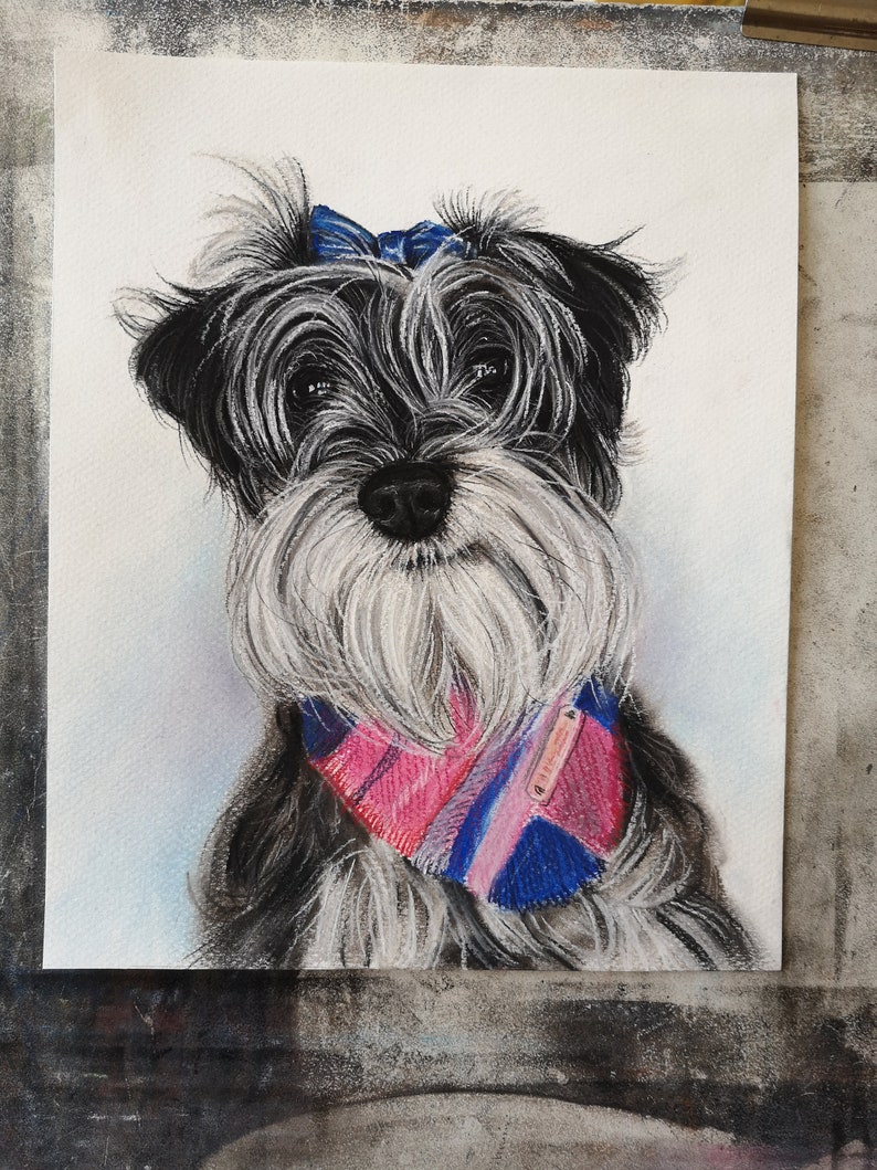 May include: A black and white dog with a blue bow and a pink and blue bandana. The dog is looking at the camera.