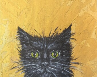 Black cat funny painting art with gold background Small painting original Mini painting hand painted cat lovers gift