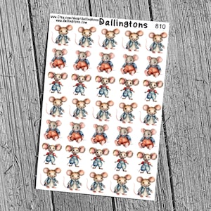 May include: Sheet of stickers featuring watercolor illustrations of mice wearing overalls and jackets. The mice are in various poses, with some wearing blue overalls and jackets, and others in red overalls. The sheet has the text "Dallingtons" and the number "810".