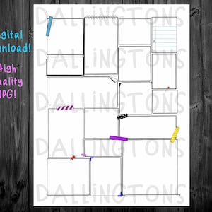 Puede incluir: Una página de planificador imprimible con un diseño de cuadrícula y varios elementos decorativos, que incluyen un bloc de notas, una cinta rayada y una cinta washi azul, morada y amarilla. La página está dividida en 10 secciones, cada una con un borde negro.