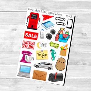 May include: A sheet of colorful stickers featuring various illustrations, including a gas pump, a sale sign, a to-do list, a car, a laptop, and a mailbox. The stickers are perfect for adding a touch of personality to planners, journals, and other surfaces.