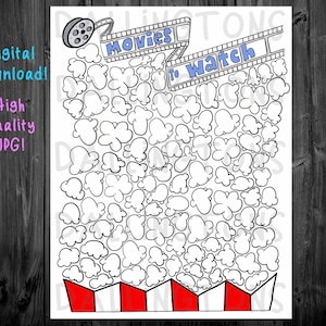 Puede incluir: Ilustración en blanco y negro de palomitas de maíz con las palabras "Movies to Watch" arriba. Las palomitas de maíz están en un recipiente rojo y blanco, y una bobina de película está en la parte superior. Descarga digital.