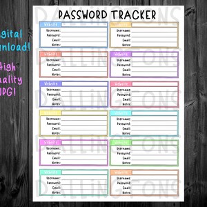 Puede incluir: Un rastreador de contraseñas imprimible con 10 secciones coloridas para registrar nombres de sitios web, nombres de usuario, contraseñas, correos electrónicos y notas. El rastreador está diseñado para ayudar a organizar y realizar un seguimiento de las cuentas en línea.
