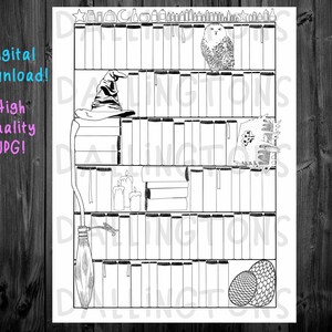 Puede incluir: Una página para colorear imprimible en blanco y negro que presenta una estantería con varios objetos mágicos, incluyendo un sombrero de bruja, una escoba, velas, un libro con una calavera, un búho y un huevo de dragón.