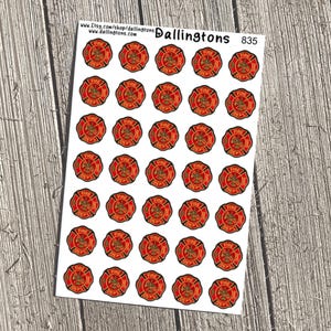 May include: A sheet of 36 white sticker labels with a red and yellow fire department logo. The logo features a crossed axe and hose with the word "FIRE" above it and "DEPT." below it. The sheet is labeled "Dallingtons 835".