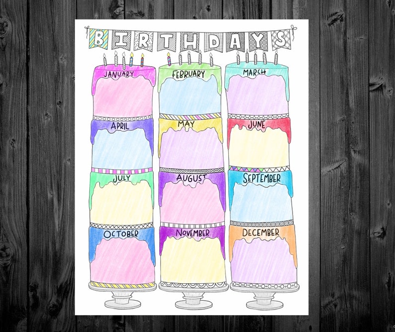 Birthday Cakes Birthday Planner Birthday Calendar Etsy