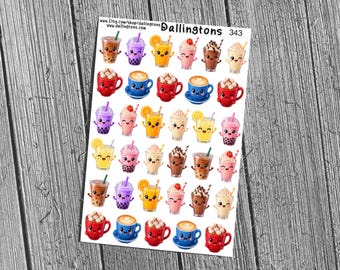 Cute Drink Sticker Sheet, Kawaii Beverage Planner Stickers for Journals (#343)