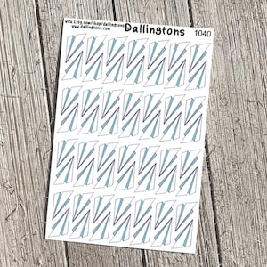 May include: A sheet of stickers featuring a repeating geometric design. Each sticker has a white background with a light blue and dark blue zigzag pattern. The stickers are labeled "Dallington's" and "1040".