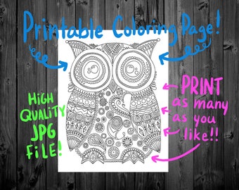 Owl Coloring Page - Printable Coloring Page - Printable - Digital Download - Instant Download - Owl - Difficult Coloring - Adult Coloring