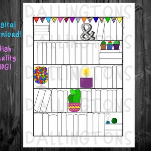 Puede incluir: Una página para colorear imprimible en blanco y negro de una estantería con libros, una vela, un cactus, un tarro de gominolas y un reloj de arena. La estantería tiene cinco estantes y está decorada con una pancarta de banderas de colores.