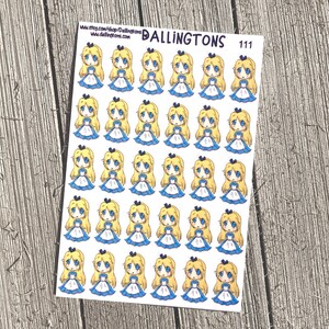 Puede incluir: Una hoja de 25 pegatinas con una niña de dibujos animados con cabello rubio que lleva un vestido azul y blanco. Las pegatinas son blancas con un contorno negro. El texto "BALLINGTONS 111" está en la esquina superior derecha de la hoja.