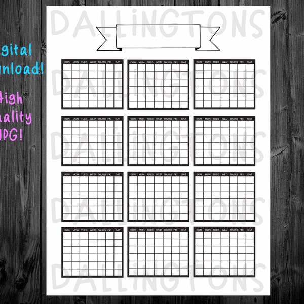 Printable Yearly Calendar - Printable Calendar - Bullet Journal - Bujo - Monthly Calendars - Calendar for a Year - Yearly Tracker