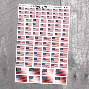 May include: A sheet of 62 small American flag stickers. The stickers are printed on white paper and are approximately 1/2 inch in size.
