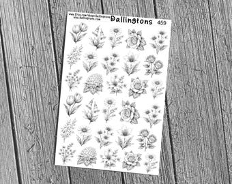 B&W Flower Sticker Sheet, Cottagecore Floral Planner Stickers for Card Making (#459)