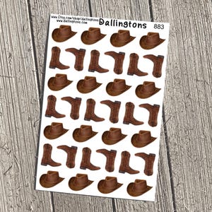May include: A sheet of 24 brown cowboy boot and hat stickers. The stickers are arranged in a grid pattern. The text "Dallingtons 883" is printed in the top right corner.