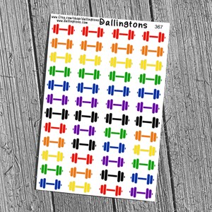 May include: A sheet of colorful dumbbell stickers in a rainbow of colors, including red, orange, yellow, green, blue, purple, and black. The stickers are arranged in rows and columns. The text "Dallingtons 367" is visible.