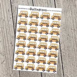 May include: A sheet of 48 yellow school bus stickers. Each sticker features a cartoon illustration of a yellow school bus with black outlines and the words "School Bus" printed on the side.