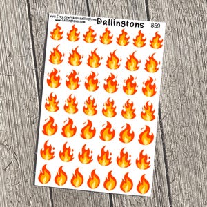May include: A sheet of 36 orange and yellow fire flame stickers. The stickers are on a white background. The text "Dallingtons 859" is in the top right corner of the sheet.