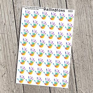 May include: Sheet of stickers featuring colorful handprints in a rainbow of hues. Each handprint is a unique watercolor design. The stickers are on a white background, with the text "Dallingtons" and a number printed at the top.