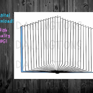 Puede incluir: Ilustración en blanco y negro de un libro con las páginas en abanico. El libro tiene un lomo azul.