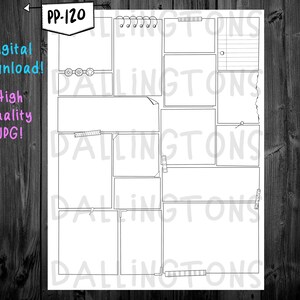 Puede incluir: Descarga digital en blanco y negro de una página estilo scrapbook con varias cajas, formas y elementos de cuaderno en blanco. El texto incluye "PP-120", "Digital Download!" y "High Quality JPG!"