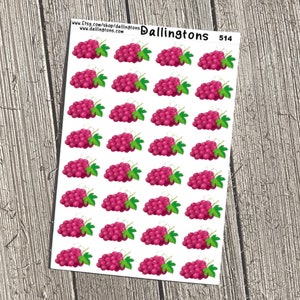 May include: A sheet of 36 stickers featuring red grapes with green leaves. The stickers are arranged in six rows of six. The sheet is white with the text "Dallingtons 514" in the top right corner.
