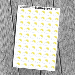 May include: Sheet of stickers featuring a repeating pattern of yellow suns peeking out from behind white clouds. The stickers are on a white background. The text "Dallingtons" and "233" are visible.