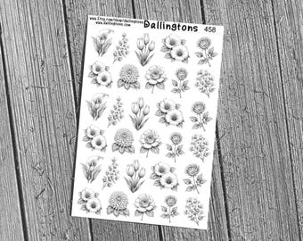 B&W Flower Sticker Sheet, Cottagecore Floral Planner Stickers for Card Making (#458)