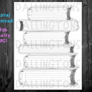 Puede incluir: Ilustración en blanco y negro de una pila de cinco libros con páginas rayadas. Los libros están dibujados en un estilo simple y de dibujos animados.