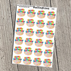 May include: A sheet of 24 colorful happy birthday cake stickers. Each sticker features a white cake with colorful candles and frosting.
