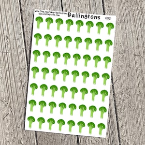 May include: A sheet of 49 green broccoli stickers on a white background. The stickers are arranged in a grid pattern. The text "Dallingtons 692" is printed in the top right corner of the sheet.