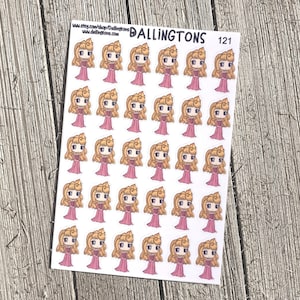 Puede incluir: Hoja de pegatinas con una princesa de dibujos animados con un vestido rosa y pelo rubio. Las pegatinas están dispuestas en filas y columnas sobre un fondo blanco. La palabra "DALLINGTONS" está impresa en la parte superior.
