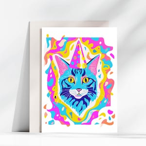 cat lover card, abstract Party cat with party hat card,  cheer up card, blank gift birthday card, greeting cards, colourful art  card